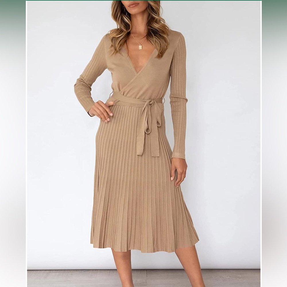 NWT Wrap V Neck Sweater Dress Long Sleeve Pleated Midi Dresses with Belt